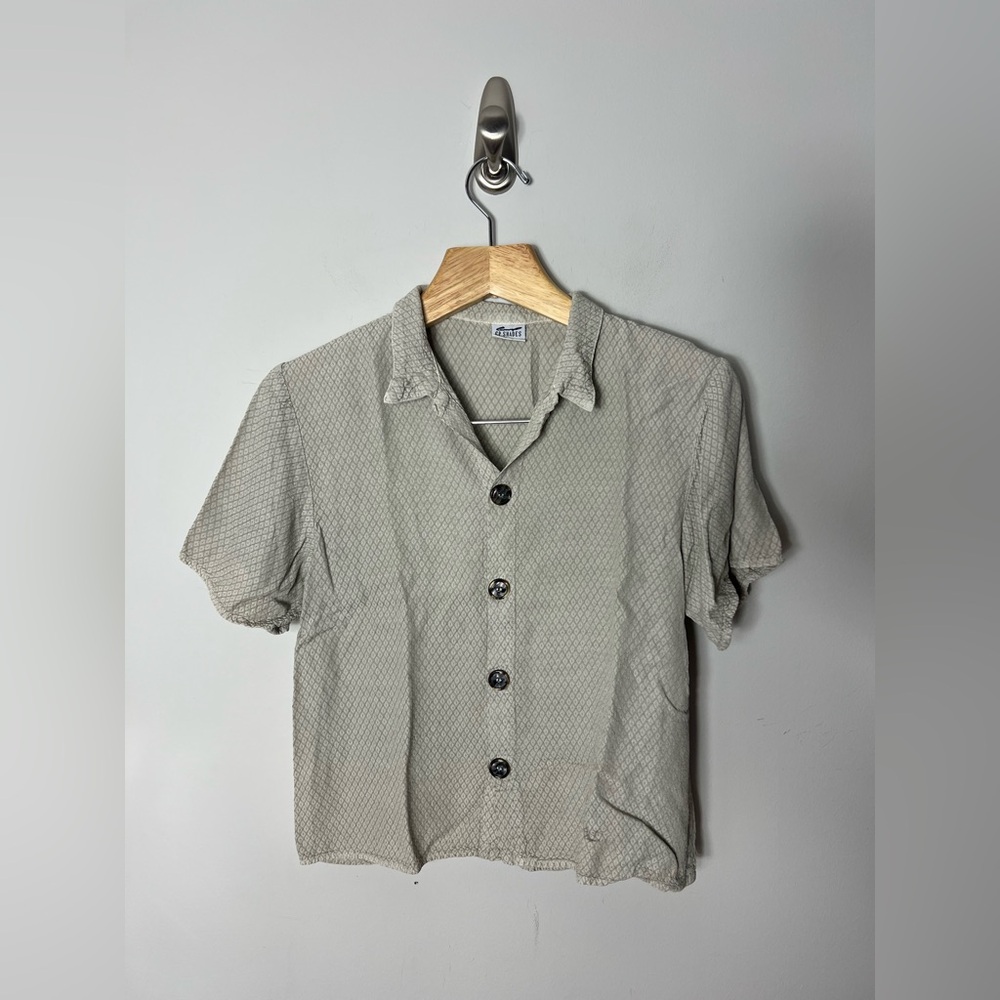 CP Shades Light Sage Textured Short Sleeve Button Front Blouse